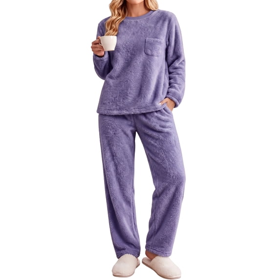 UVN Fluffy Pajamas Set for Women Winter Fleece Long Sleeve Tops and Pants 2 Piece Outfits Soft Plush Pjs