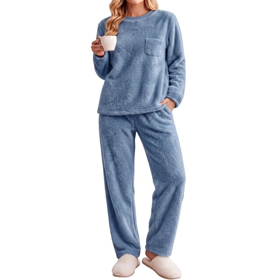 UVN Fluffy Pajamas Set for Women Winter Fleece Long Sleeve Tops and Pants 2 Piece Outfits Soft Plush Pjs