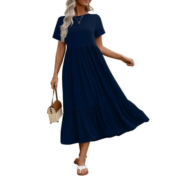 UVN Long Dresses for Women Summer Short Sleeve Casual Crewneck Maxi Dress with Pockets