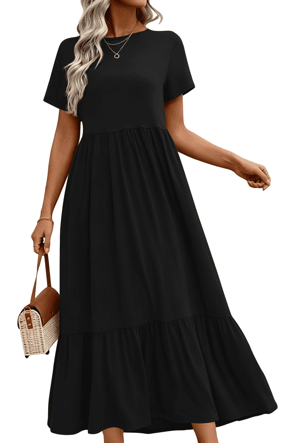 Long Dresses for Women Summer Short Sleeve Casual Crewneck Maxi Dress with Pockets