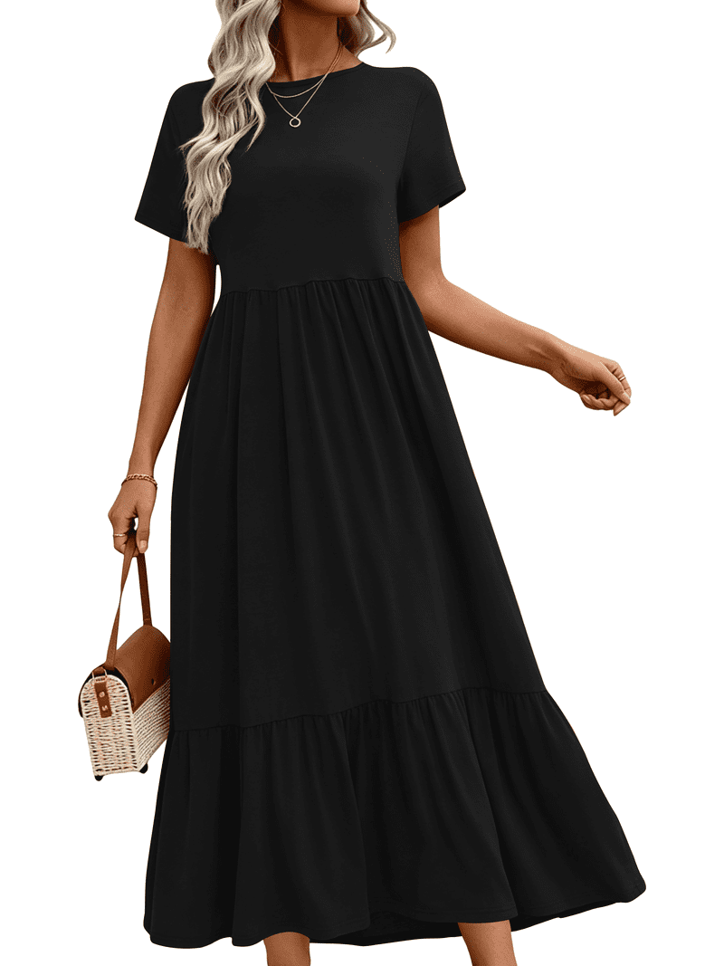 short sleeve casual maxi dresses for women Efsteb Women's Summer Short Sleeve Maxi Dress Casual V Neck Hollow Out Eyelet Ruffle Swing A Line Long Dresses YellowL