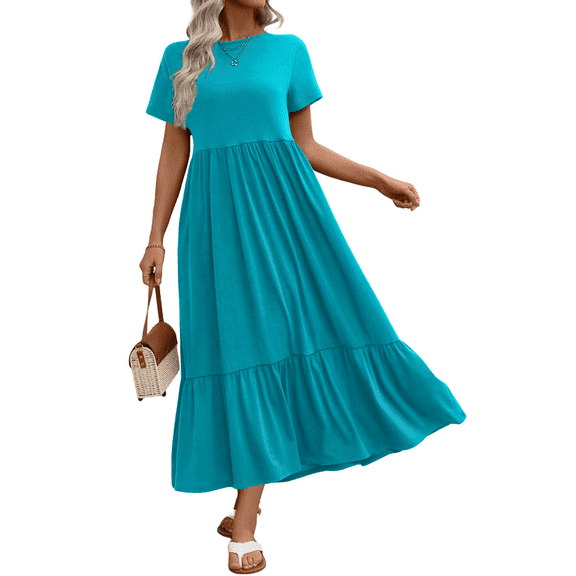 UVN Long Dresses for Women Summer Short Sleeve Casual Crewneck Maxi Dress with Pockets