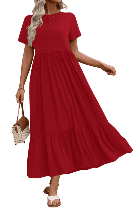 Long Dresses for Women Summer Short Sleeve Casual Crewneck Maxi Dress with Pockets