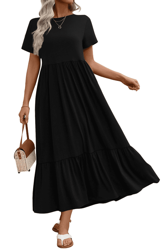 Long Dresses for Women Summer Short Sleeve Casual Crewneck Maxi Dress with Pockets