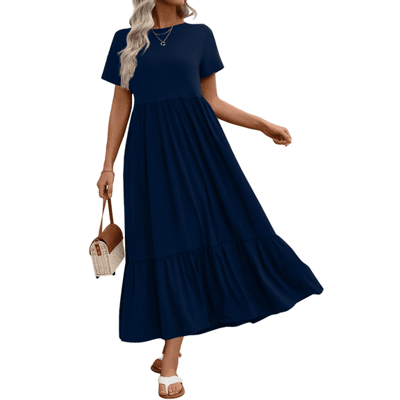 UVN Long Dresses for Women Summer Short Sleeve Casual Crewneck Maxi Dress with Pockets