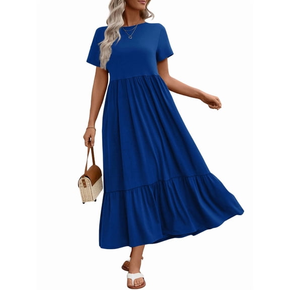 UVN Long Dresses for Women Summer Short Sleeve Casual Crewneck Maxi Dress with Pockets