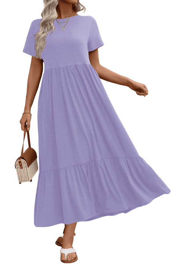 Long Dresses for Women Summer Short Sleeve Casual Crewneck Maxi Dress with Pockets