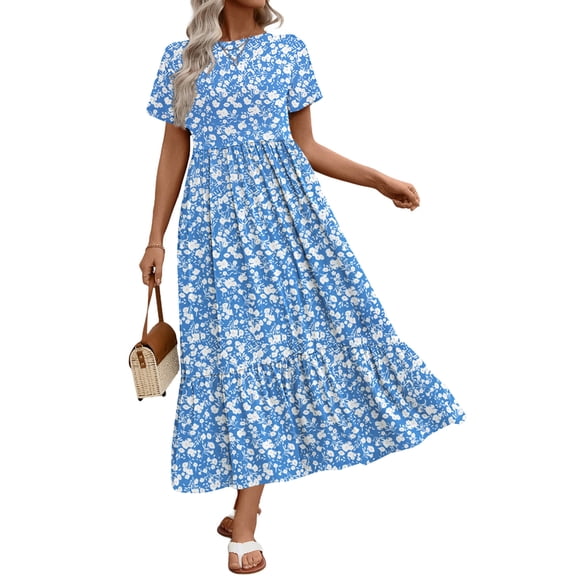 UVN Long Dresses for Women Summer Short Sleeve Casual Crewneck Maxi Dress with Pockets