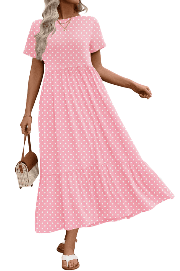 Long Dresses for Women Summer Short Sleeve Casual Crewneck Maxi Dress with Pockets