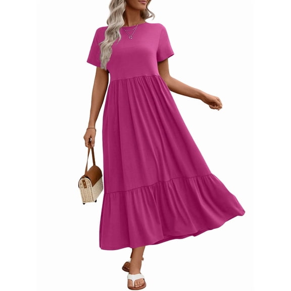 UVN Long Dresses for Women Summer Short Sleeve Casual Crewneck Maxi Dress with Pockets
