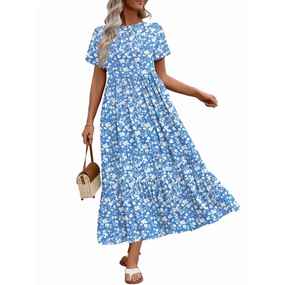 UVN Long Dresses for Women Summer Short Sleeve Casual Crewneck Maxi Dress with Pockets