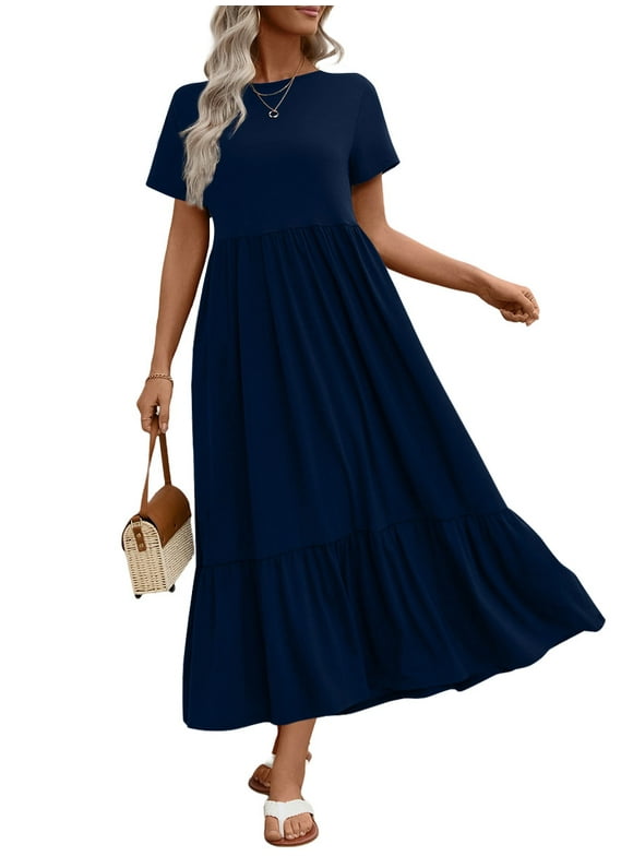 Long Dresses for Women Summer Short Sleeve Casual Crewneck Maxi Dress with Pockets