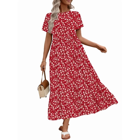 UVN Long Dresses for Women Summer Short Sleeve Casual Crewneck Maxi Dress with Pockets