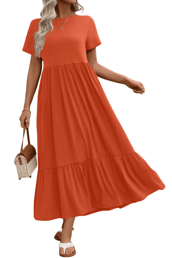 Long Dresses for Women Summer Short Sleeve Casual Crewneck Maxi Dress with Pockets
