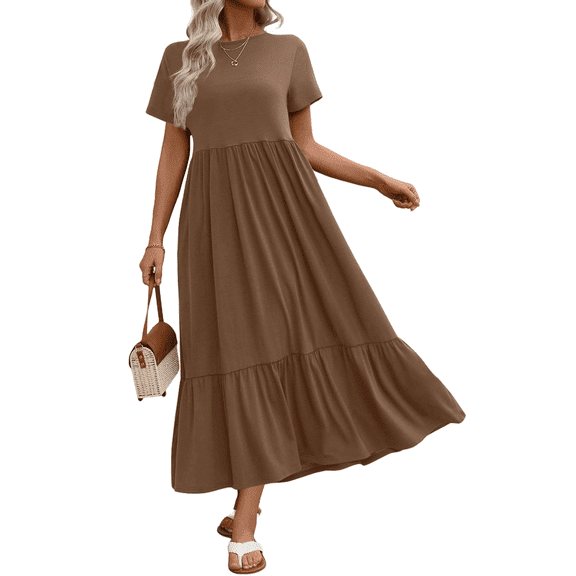 UVN Long Dresses for Women Summer Short Sleeve Casual Crewneck Maxi Dress with Pockets