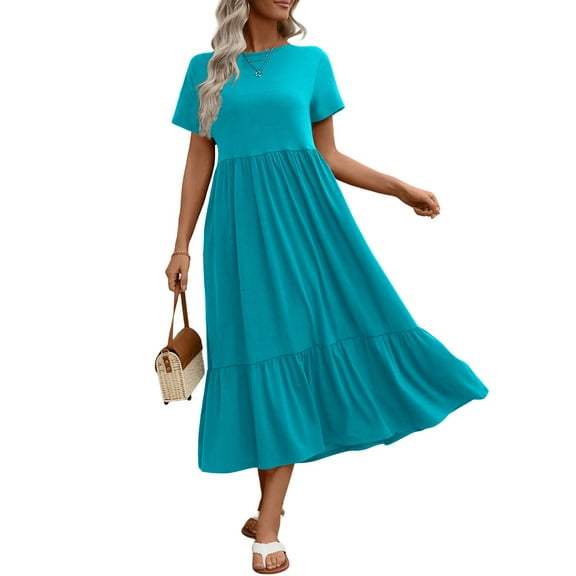 UVN Long Dresses for Women Summer Short Sleeve Casual Crewneck Maxi Dress with Pockets