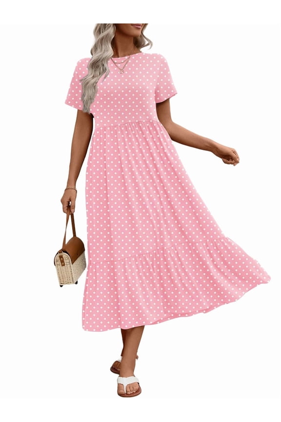 Long Dresses for Women Summer Short Sleeve Casual Crewneck Maxi Dress with Pockets