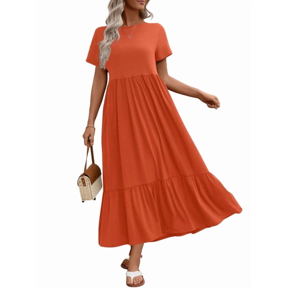 UVN Long Dresses for Women Summer Short Sleeve Casual Crewneck Maxi Dress with Pockets