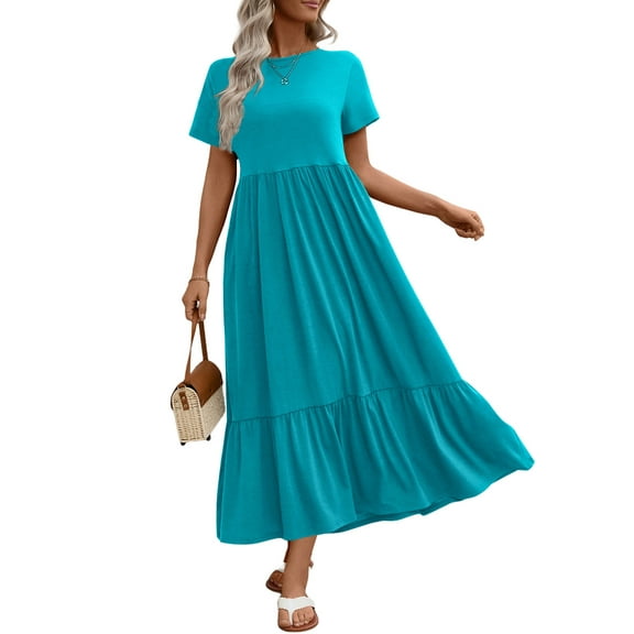 UVN Long Dresses for Women Summer Short Sleeve Casual Crewneck Maxi Dress with Pockets