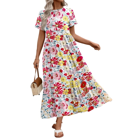 UVN Long Dresses for Women Summer Short Sleeve Casual Crewneck Maxi Dress with Pockets