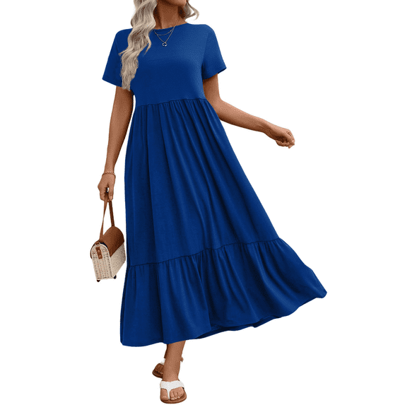 UVN Long Dresses for Women Summer Short Sleeve Casual Crewneck Maxi Dress with Pockets