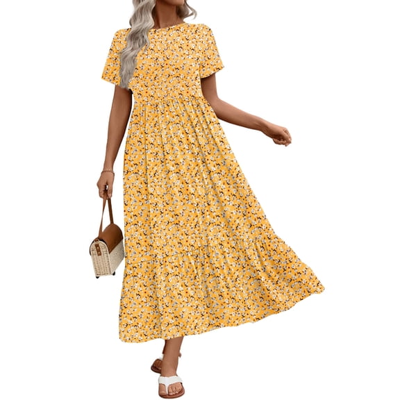 UVN Long Dresses for Women Summer Short Sleeve Casual Crewneck Maxi Dress with Pockets