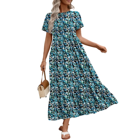 UVN Long Dresses for Women Summer Short Sleeve Casual Crewneck Maxi Dress with Pockets