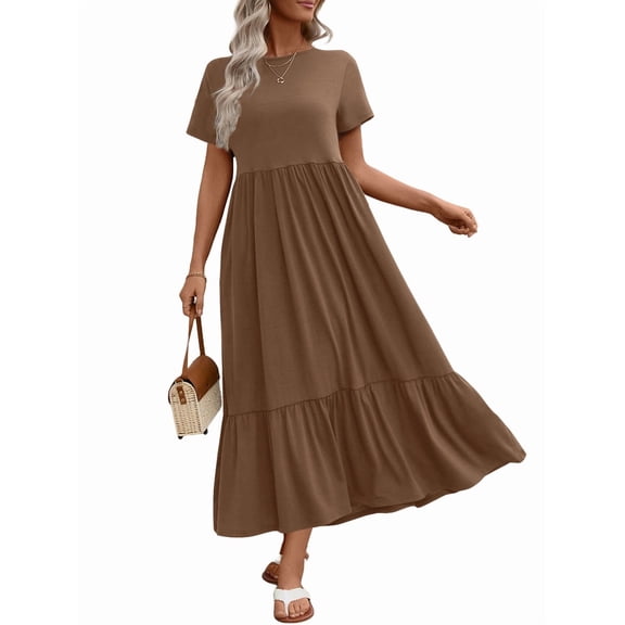 UVN Long Dresses for Women Summer Short Sleeve Casual Crewneck Maxi Dress with Pockets