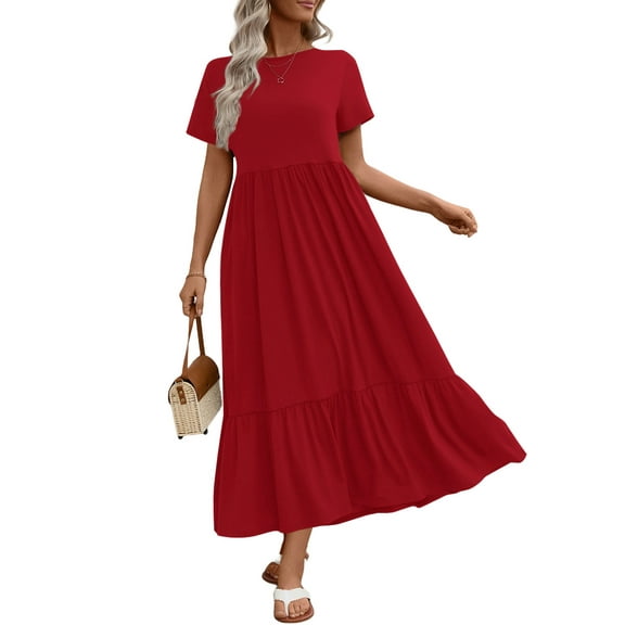 UVN Long Dresses for Women Summer Short Sleeve Casual Crewneck Maxi Dress with Pockets