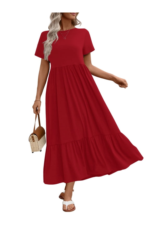 Long Dresses for Women Summer Short Sleeve Casual Crewneck Maxi Dress with Pockets
