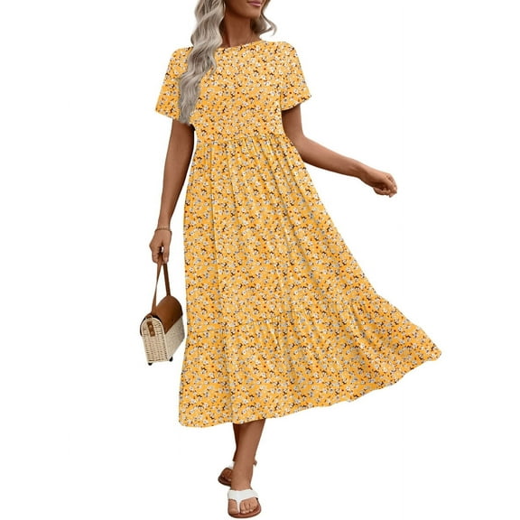 UVN Long Dresses for Women Summer Short Sleeve Casual Crewneck Maxi Dress with Pockets