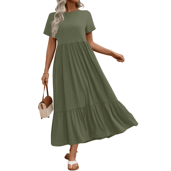 UVN Long Dresses for Women Summer Short Sleeve Casual Crewneck Maxi Dress with Pockets