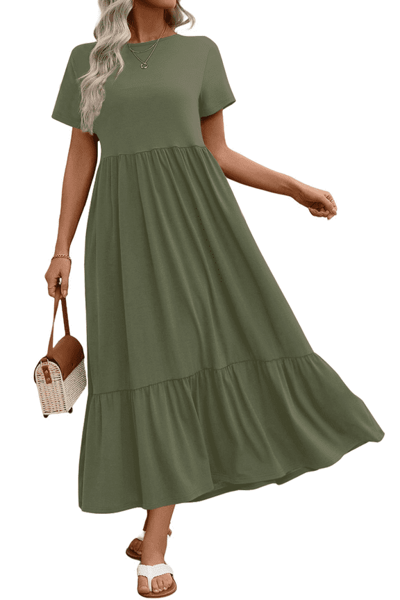 Long Dresses for Women Summer Short Sleeve Casual Crewneck Maxi Dress with Pockets