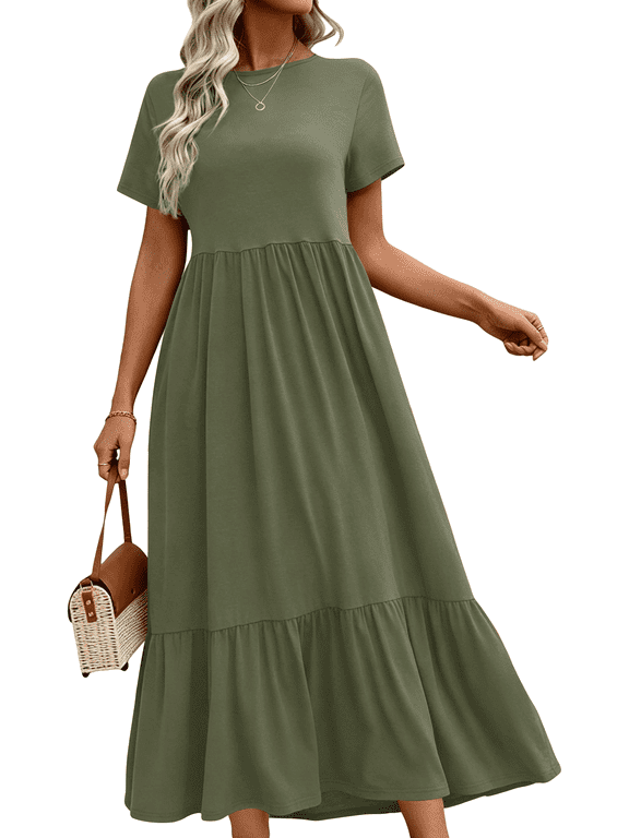 Maxi Dresses for Women Summer Short Sleeve Casual Crewneck Long Dress with Pockets