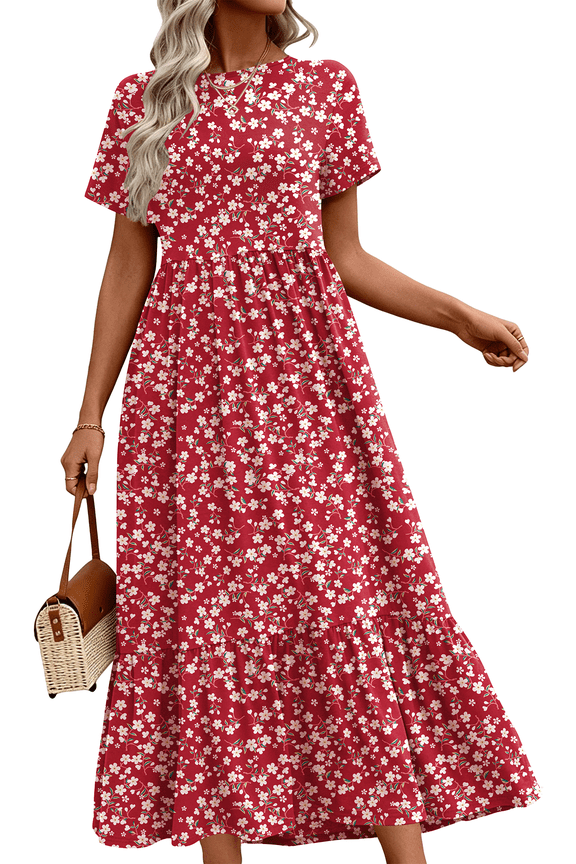Maxi Dresses for Women Summer Short Sleeve Casual Crewneck Long Dress with Pockets