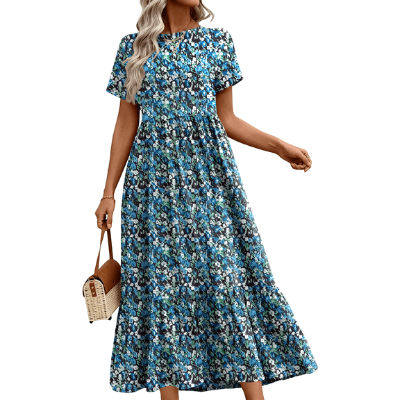 UVN Maxi Dresses for Women Summer Short Sleeve Casual Crewneck Long Dress with Pockets