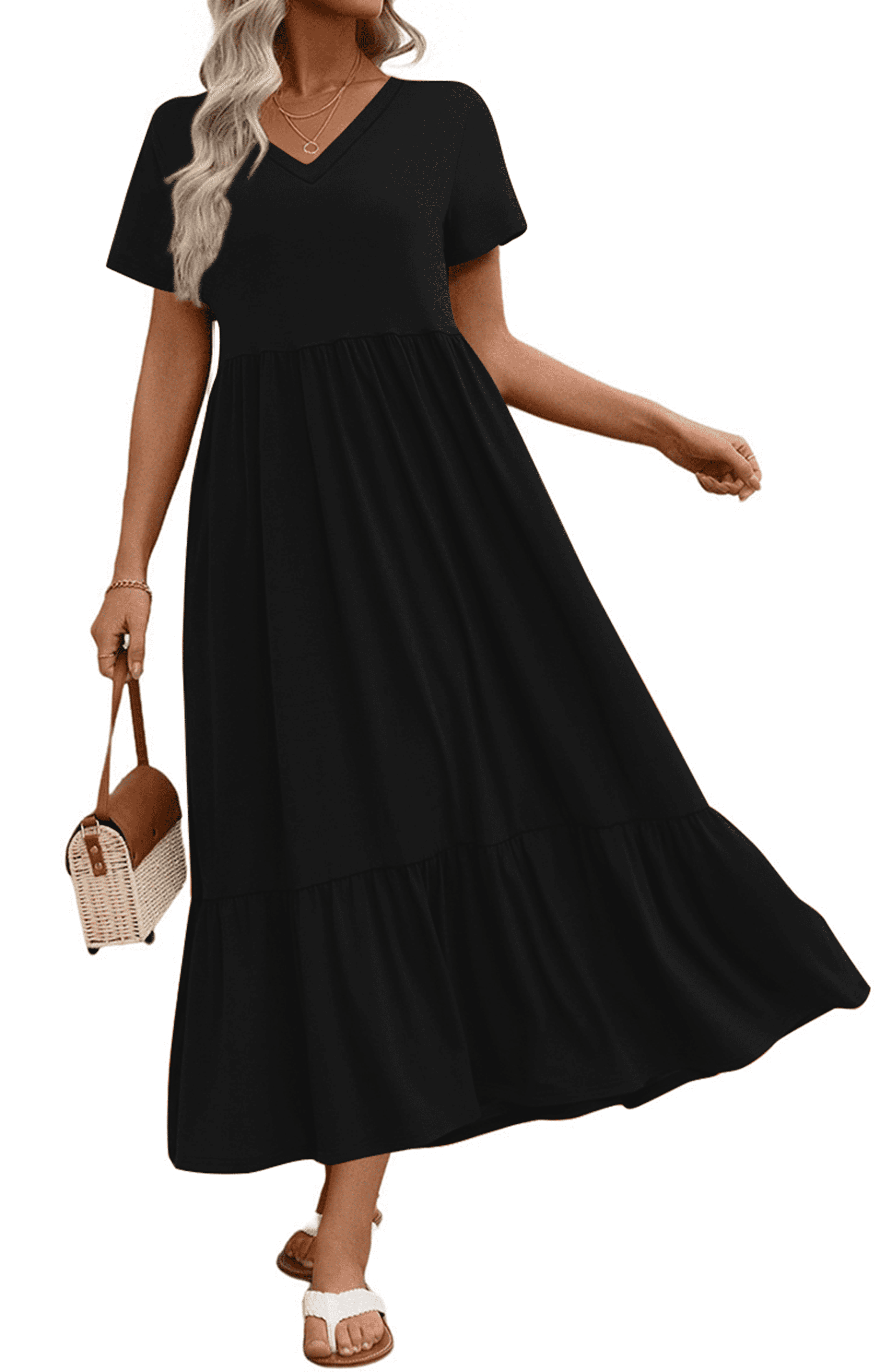 chinese dress ladies Modal Plunge Neck Long Sleeve Maxi Dress in Black - XXS main image 1