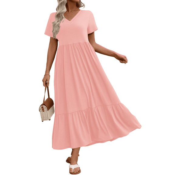 UVN Long Dresses for Women Summer Short Sleeve Casual V Neck Maxi Dress with Pockets