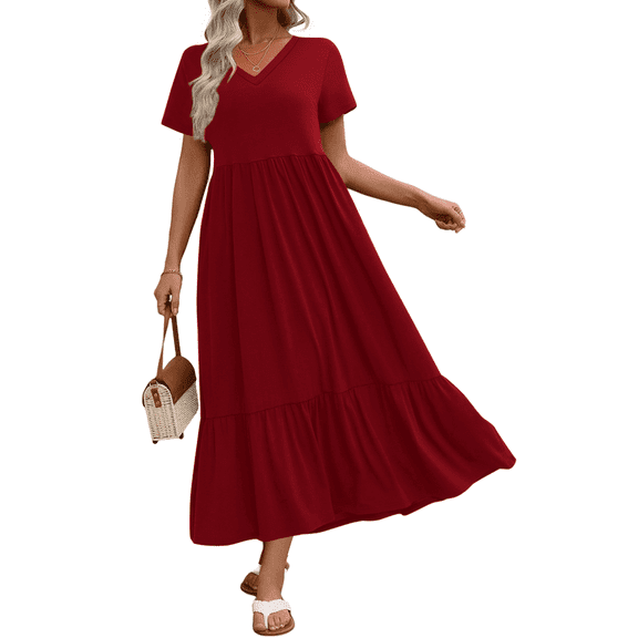 UVN Long Dresses for Women Summer Short Sleeve Casual V Neck Maxi Dress with Pockets