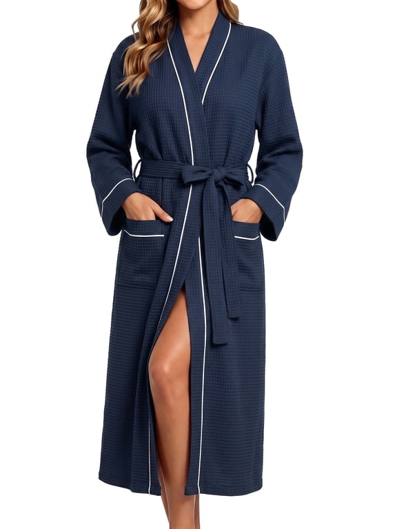Long Robes for Women Long Sleeve Kimono Bathrobe Waffle Knit Wrap Robe Soft Cozy Lightweight Sleepwear Nightgown with Pockets