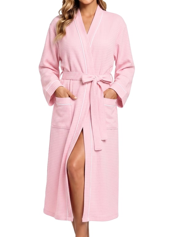 Long Robes for Women Long Sleeve Kimono Bathrobe Waffle Knit Wrap Robe Soft Cozy Lightweight Sleepwear Nightgown with Pockets