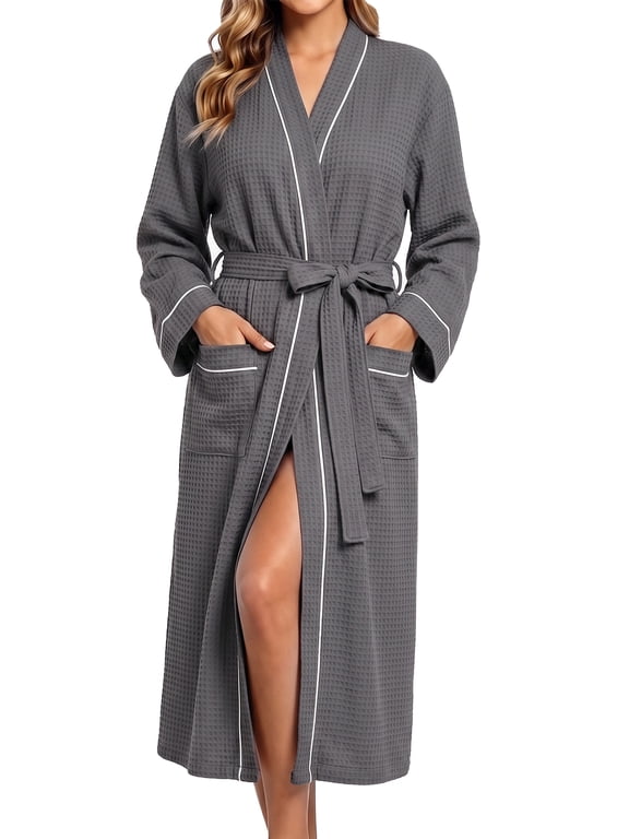 Long Robes for Women Long Sleeve Kimono Bathrobe Waffle Knit Wrap Robe Soft Cozy Lightweight Sleepwear Nightgown with Pockets