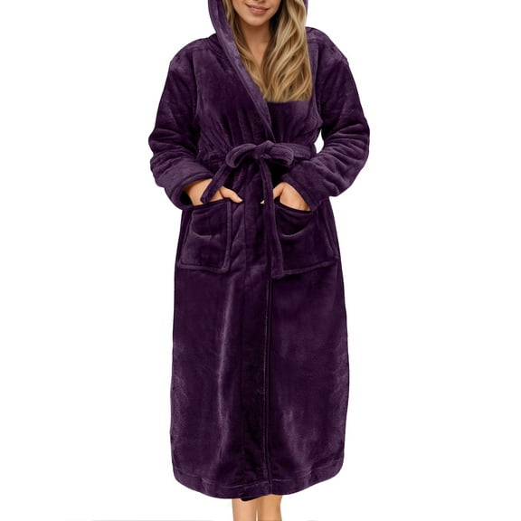UVN Valentine's Day Long Robes for Women Winter Plush Fleece Hooded Bathrobe Soft Cozy Fluffy Sleepwear Nightgown with Pockets