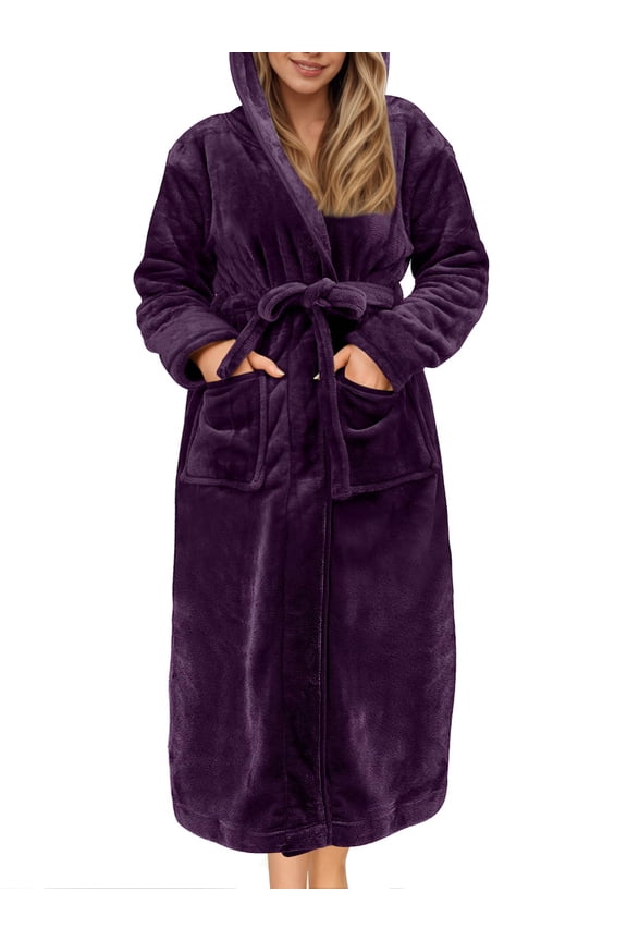 Valentine's Day Long Robes for Women Winter Plush Fleece Hooded Bathrobe Soft Cozy Fluffy Sleepwear Nightgown with Pockets