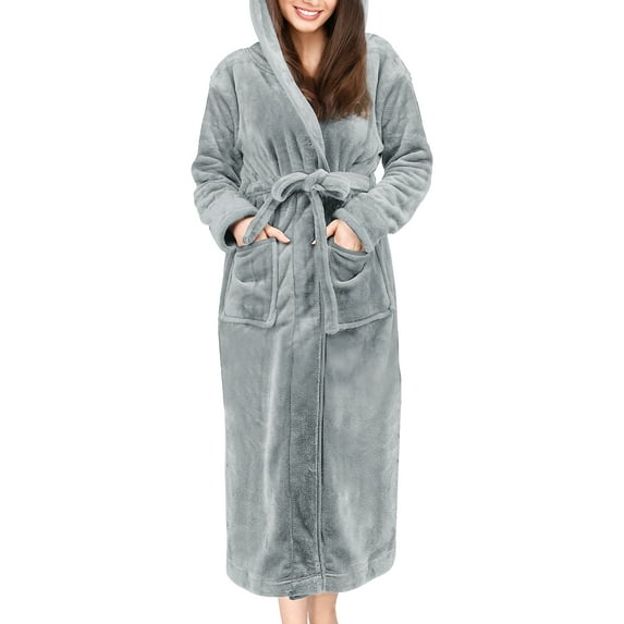 UVN Long Robes for Women Winter Plush Fleece Hooded Bathrobe Soft Cozy Fluffy Sleepwear Nightgown with Pockets