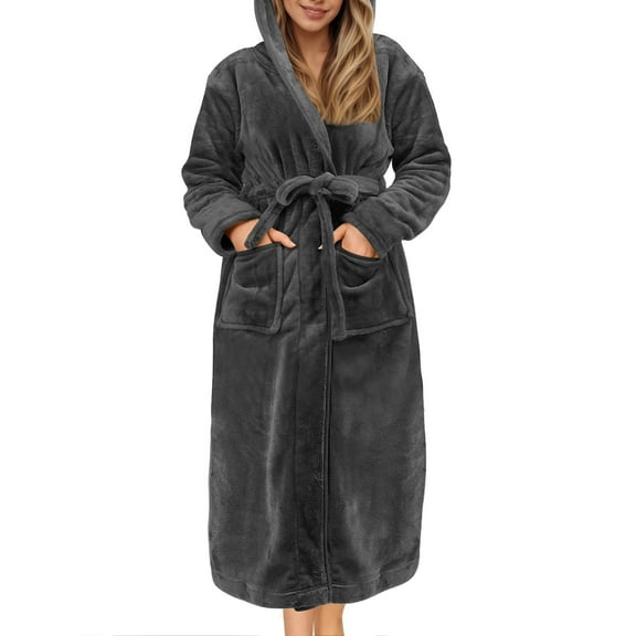 UVN Valentine's Day Long Robes for Women Winter Plush Fleece Hooded Bathrobe Soft Cozy Fluffy Sleepwear Nightgown with Pockets