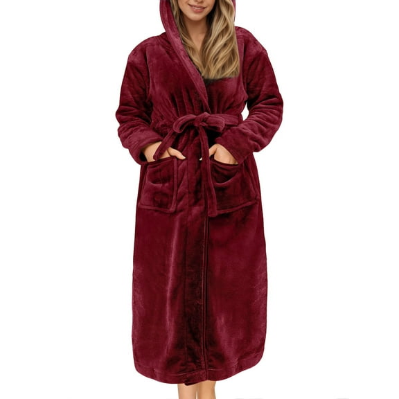 UVN Valentine's Day Long Robes for Women Winter Plush Fleece Hooded Bathrobe Soft Cozy Fluffy Sleepwear Nightgown with Pockets