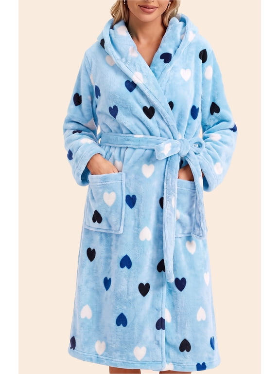 Long Robes for Women Winter Plush Fleece Hooded Bathrobe Soft Cozy Fluffy Sleepwear Nightgown with Pockets