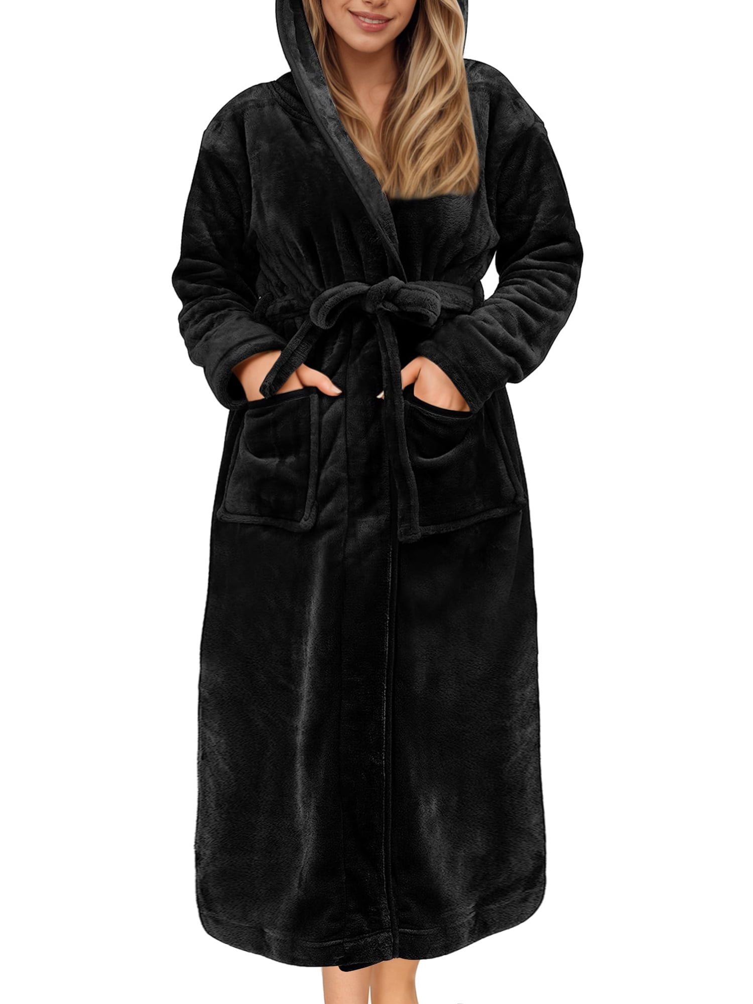 long hooded dressing gowns ladies Uvn Long Robes for Women Winter Plush Fleece Hooded Bathrobe Soft Cozy Fluffy Sleepwear Nightgown with Pockets, Women's, Size: 2XL-3XL, Gray