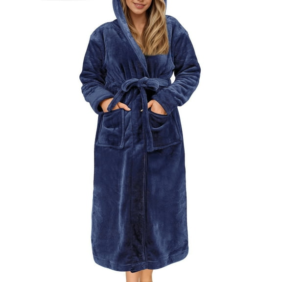 UVN Valentine's Day Long Robes for Women Winter Plush Fleece Hooded Bathrobe Soft Cozy Fluffy Sleepwear Nightgown with Pockets